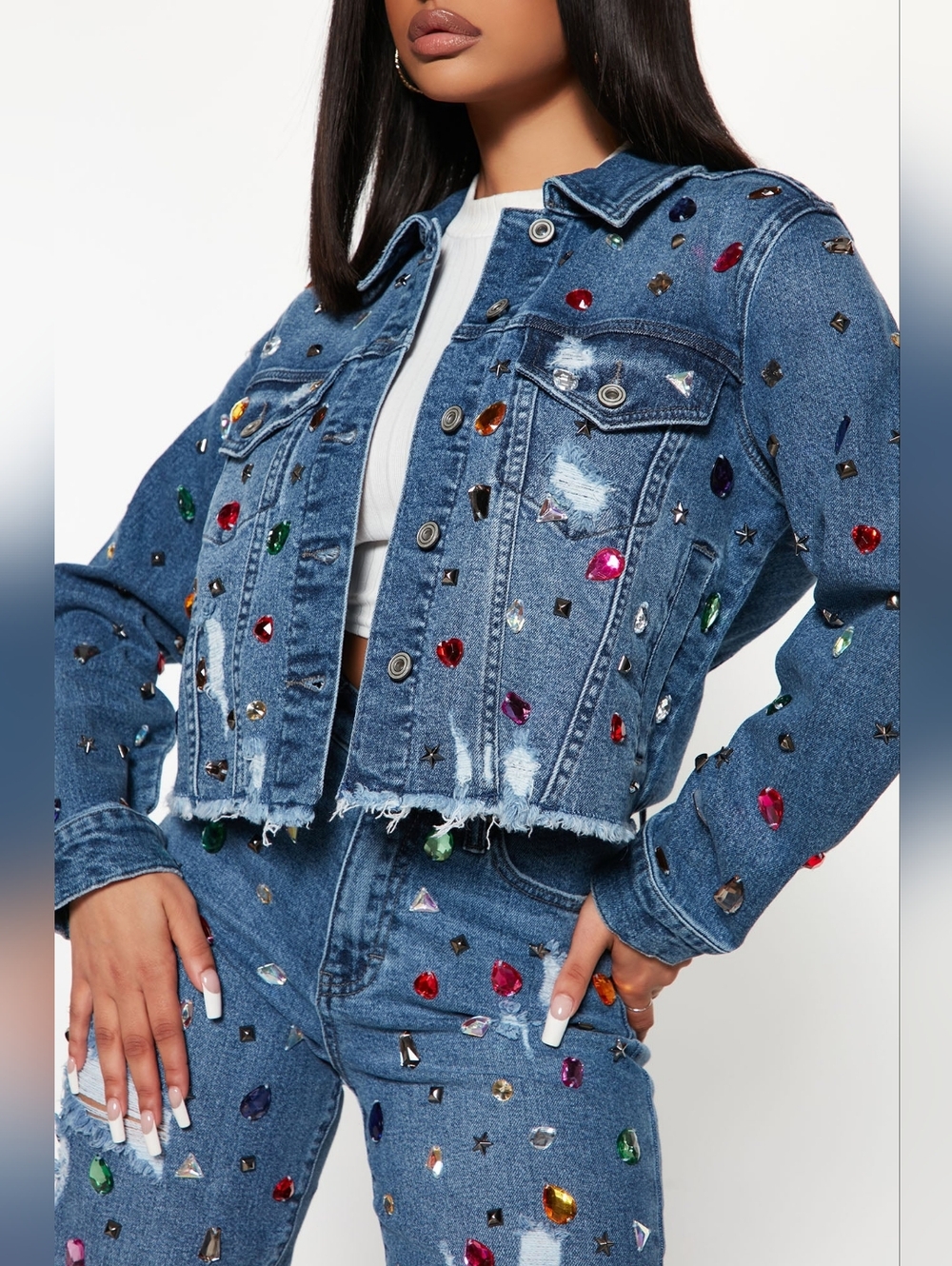 Fashion Nova  Embellished High-Waist Denim Pant Set - Picture 4 of 9